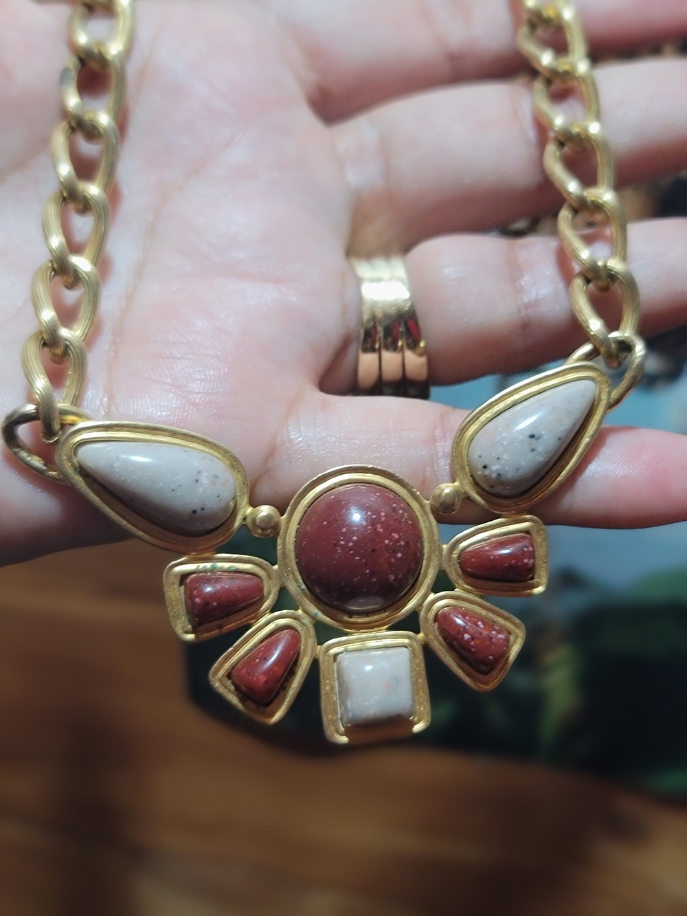 Avon Gold-Tone Necklace with Rust Red and Cream Stones